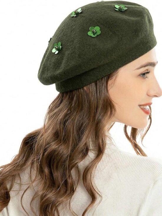 Women\'s French Beret Hat Reversible Knitted Thickened Warm Cap Army Green main image 6